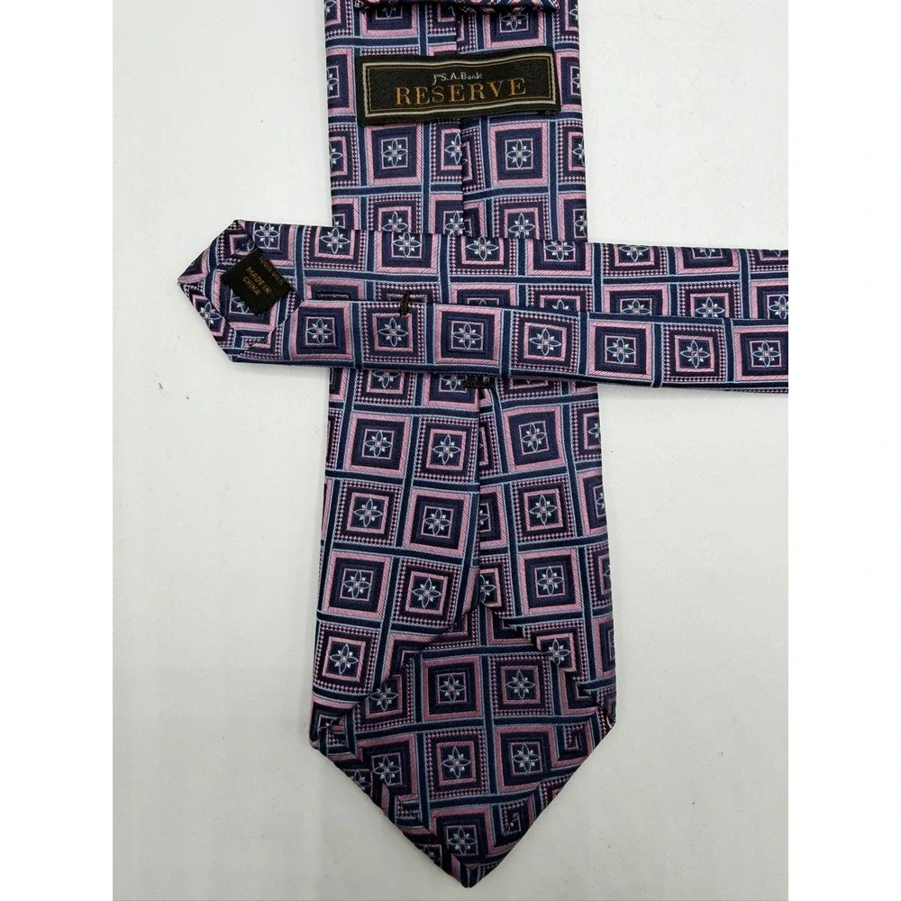Jos. A. Bank Reserve Navy Pink Geometric Floral Silk Men's Necktie Classic Width